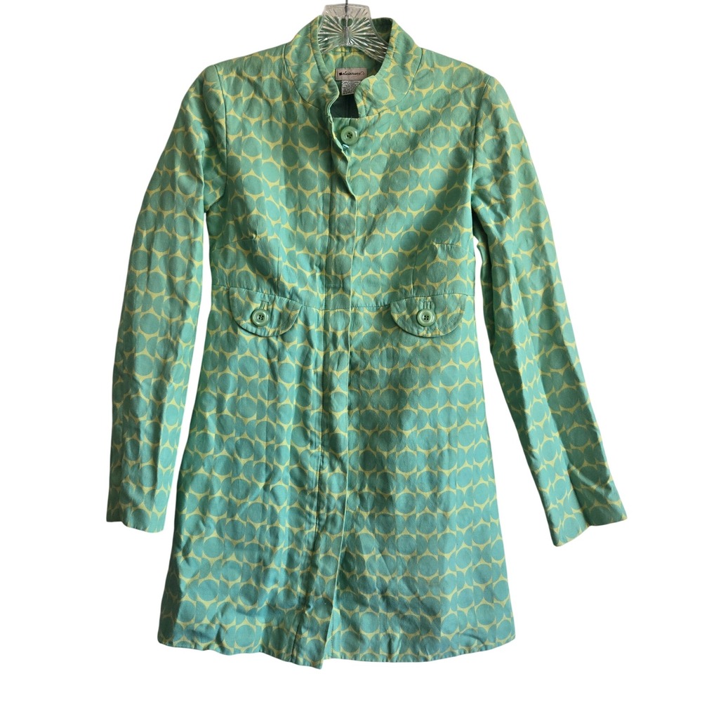 Elevenses 4 Geometric Circle Print Coat Womens Green‎ Yellow Mod Retro Anthro